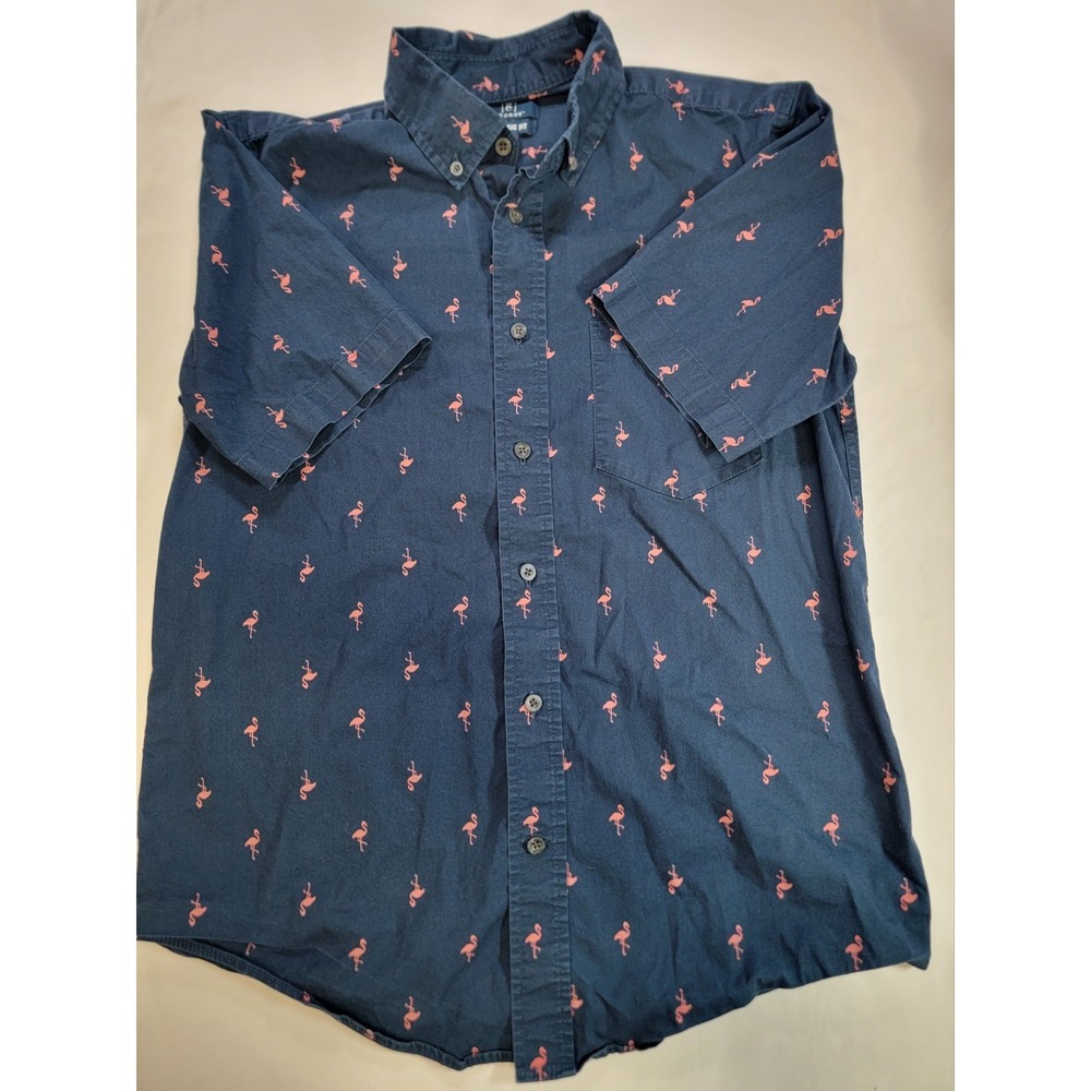 George Shirt Mens S 34-36 Blue Pink Flamingo Button Up Short Sleeve